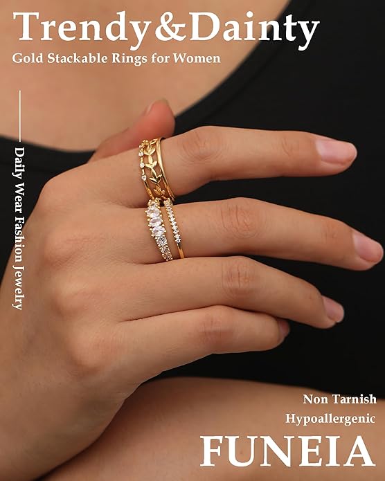 FUNEIA Stackable Gold Rings for Women Non Tarnish Trendy Dainty 14K Gold Plated Stacking Cubic Zirconia Thumb Ring Set Pack Statement Chunky Band Rings Promise Engagement Rings Size 7 8 9 10 11