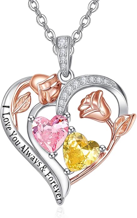 Zeuslia Double Birthstone Necklace Gifts for Wife - 925 Sterling Silver Sunflower/Rose/Crown Cross/Compass/Heart Pendant I Love You Necklace, Anniversary Birthday Gifts for Wife Girlfriend Mom Her