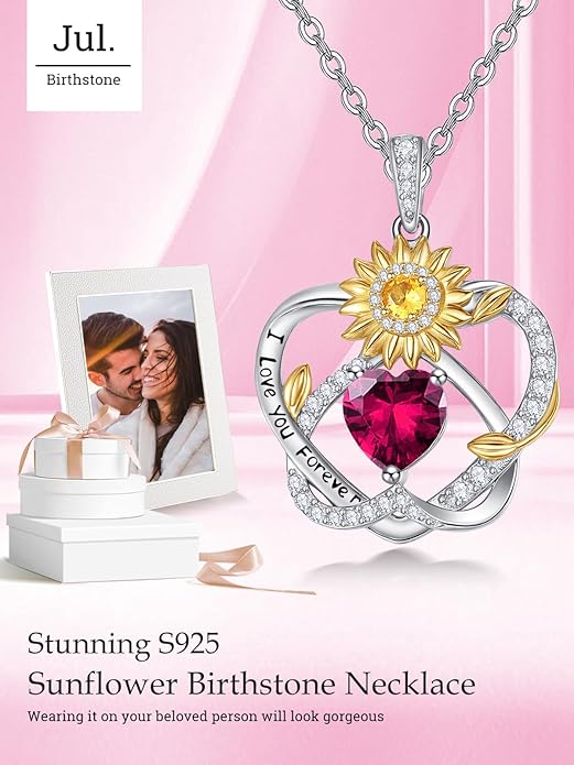 Zeuslia Double Birthstone Necklace Gifts for Wife - 925 Sterling Silver Sunflower/Rose/Crown Cross/Compass/Heart Pendant I Love You Necklace, Anniversary Birthday Gifts for Wife Girlfriend Mom Her