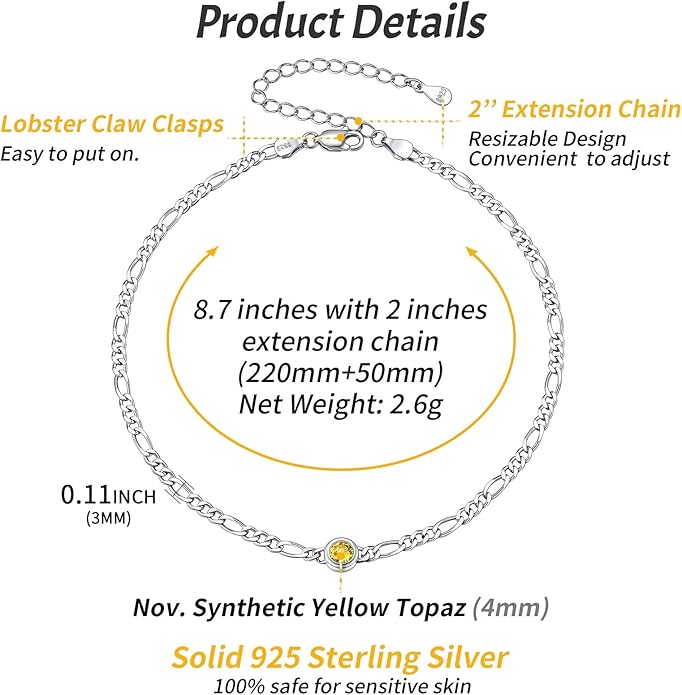 ChicSilver Sterling Silver Anklets Bracelets for Women, Figaro Chain Heart/Round Birthstone Anklet for Women Waterproof, Dainty Herringbone Ankle Bracelet Summer Beach jewelry