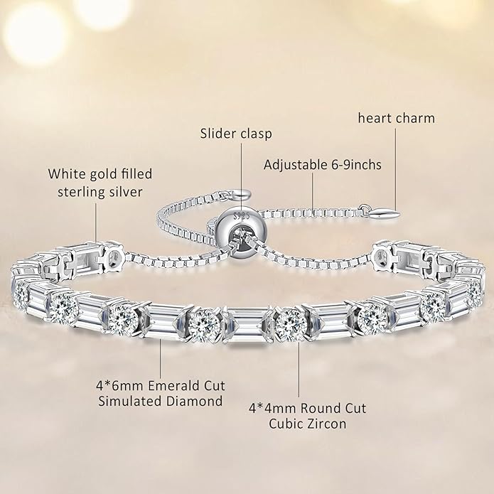 Birthstone Tennis Bracelets for Women White Gold Sterling Silver Gemstone Bracelets Adjustable Chain 6-9 Inchs Jewelry Anniversary Birthday Gifts for Women Mom Wife Her