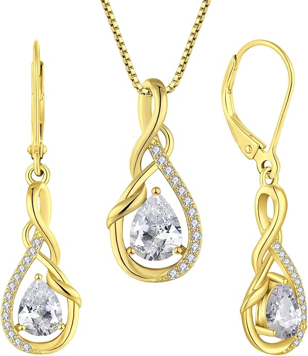 STARCHENIE Dangle & Drop Earrings Infinity Twisted Pendant Necklace 925 Sterling 14K Gold Plated Cubic Zirconia Jewelry Set for Women
