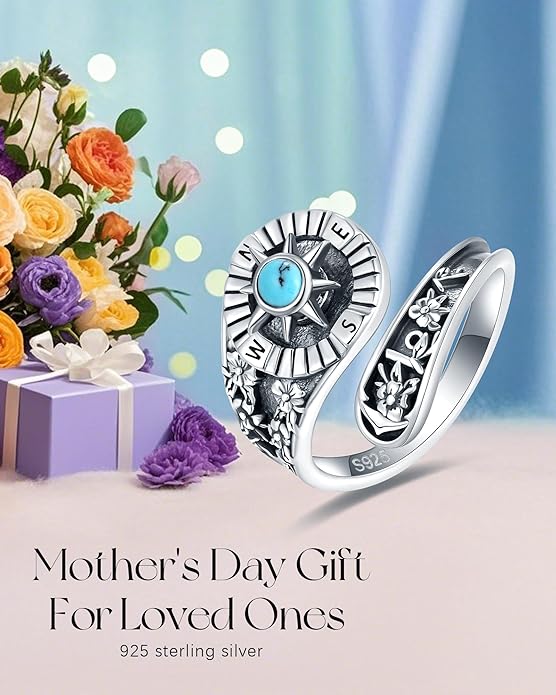S925-Sterling-Silver Abalone Dragonfly-Turquoise Spoon Ring - Vintage Boho Sunflower Thumb Oxidized Wrap Rings Victorian Style Antique Floral Jewelry Gifts for Women
