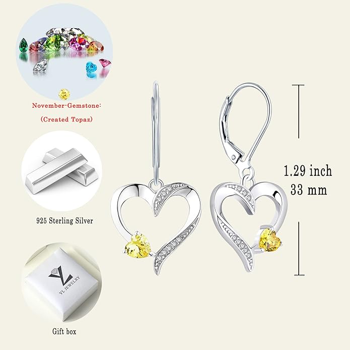 YL Heart Dangle Earrings 925 Sterling Silver Drop Earrings Birthstone Leverback Jewelry for Women
