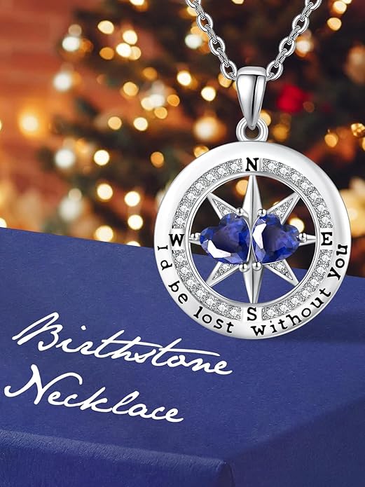 Compass Birthstones Necklace for Women, Exquisite Anniversary Birthday Gifts for Wife Her Double Birthstone Pendant jewelry ‘I'd be Lost Without You’