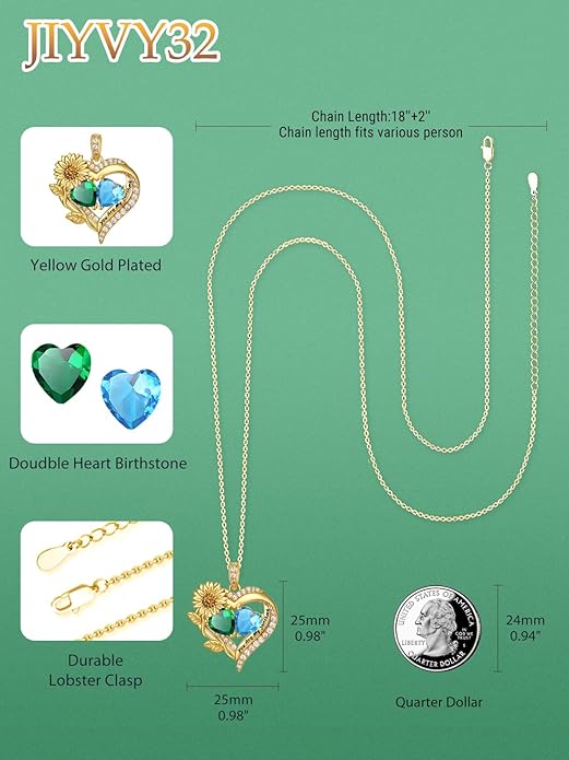 Sunflower Heart Necklace for Women 14K Gold Exquisite Anniversary Birthday Gifts for Wife Mother Her Double Birthstone Pendant jewelry‘You Are My Sunshine’
