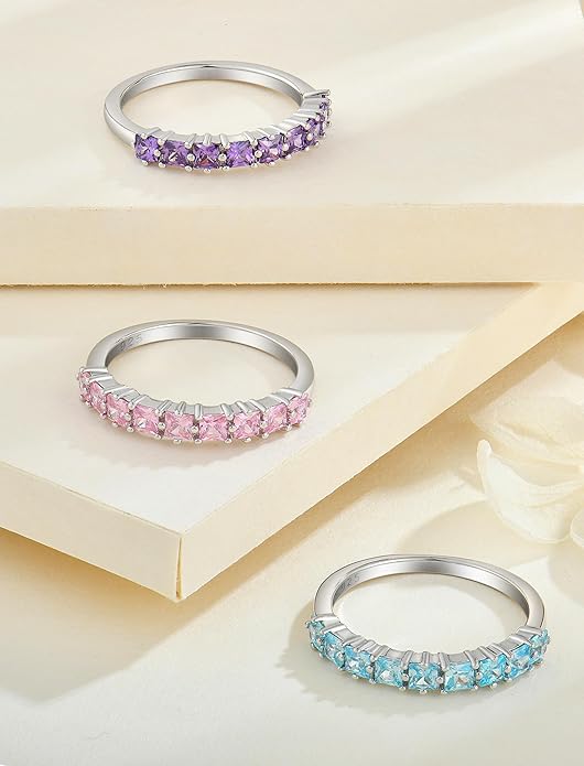 Princess Cut Stackable Rings 925 Sterling Silver Eternity Rings Birthstones Jewelry for Women Size 5-10