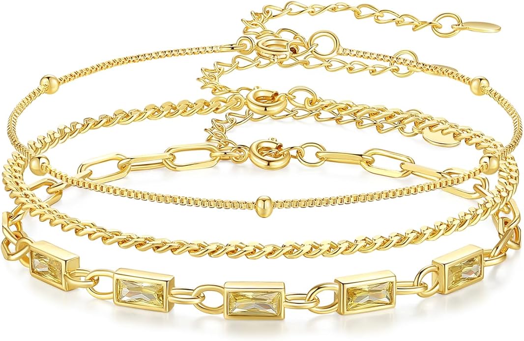 Gold Birthstone Bracelet for Women, 18K Gold Plated Layered Jewelry Bracelet Set, Women Dainty Stackable Bracelets Link Paperclip Chain Valentines Day Gift for Women