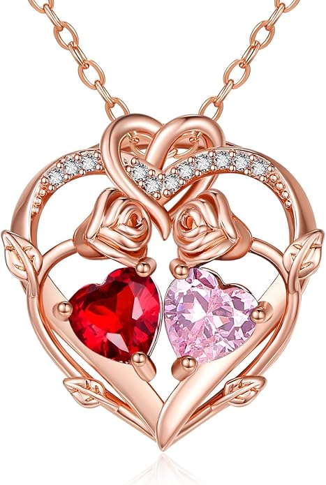 Rose Gold Necklaces for Women Double Birthstone Rose Flower Heart Pendant Necklace Jewelry Anniversary Christmas Valentine's Mother's Day Birthday Gift for Wife Mom Her Girlfriend Sister