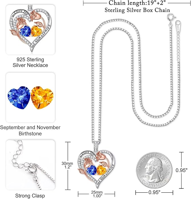 Iefil Birthstone Necklace for Women - 925 Sterling Silver Rose Heart Birthstone Necklace Birthday Anniversary Jewelry Gifts for Her Wife Mom Daughter