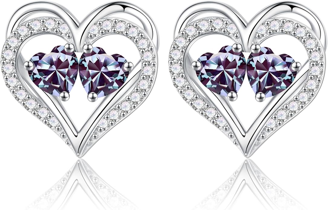 Iefil Birthstone Earrings for Women - 925 Sterling Silver Heart Earrings Anniversary Birthday Gifts for Women Wife Girlfriend Mom