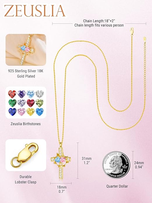 Zeuslia Double Birthstone Necklace Gifts for Wife - 925 Sterling Silver Sunflower/Rose/Crown Cross/Compass/Heart Pendant I Love You Necklace, Anniversary Birthday Gifts for Wife Girlfriend Mom Her