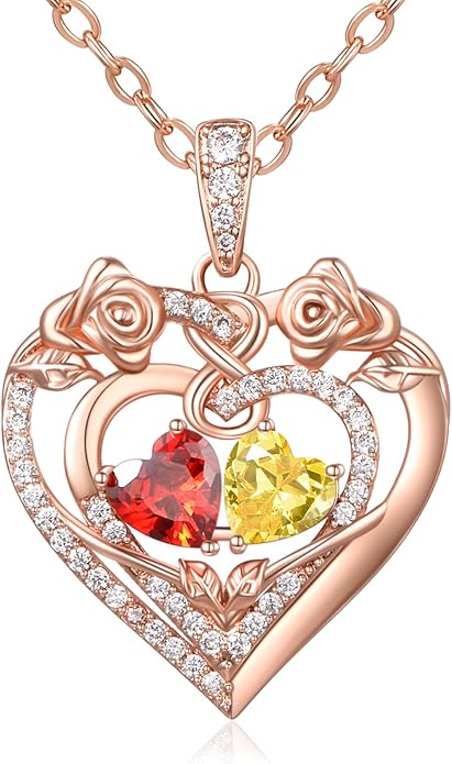 JIYVY32 Rose Heart Necklace for Women Exquisite 925 Sterling Silver Anniversary Birthday Gifts for Wife Mom Her Double Birthstone Pendant Jewelry