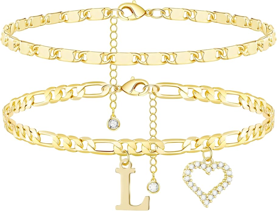 Initial Ankle Bracelets for Women Waterproof 14K Gold Plated Dainty Layered Figaro Chain Letter Initial CZ Heart Ankle Bracelets Set Summer Beach Jewelry for Women
