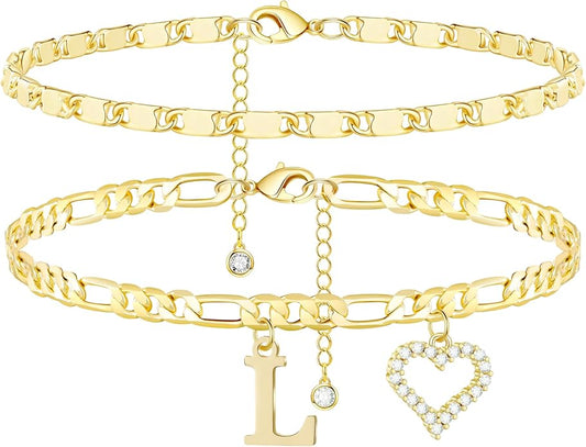 Initial Ankle Bracelets for Women Waterproof 14K Gold Plated Dainty Layered Figaro Chain Letter Initial CZ Heart Ankle Bracelets Set Summer Beach Jewelry for Women