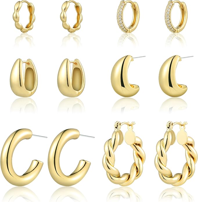 6 Pairs Gold Hoop Earrings for Women, 14K Gold Plated Chunky Huggie Hoop Earrings Set Hypoallergenic, Lightweight Twisted Open Hoops Jewelry for Christmas/Birthday Gifts.