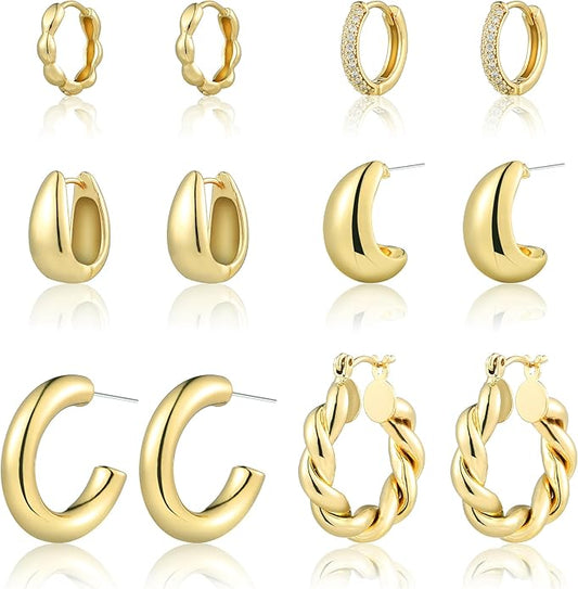 6 Pairs Gold Hoop Earrings for Women, 14K Gold Plated Chunky Huggie Hoop Earrings Set Hypoallergenic, Lightweight Twisted Open Hoops Jewelry for Christmas/Birthday Gifts.