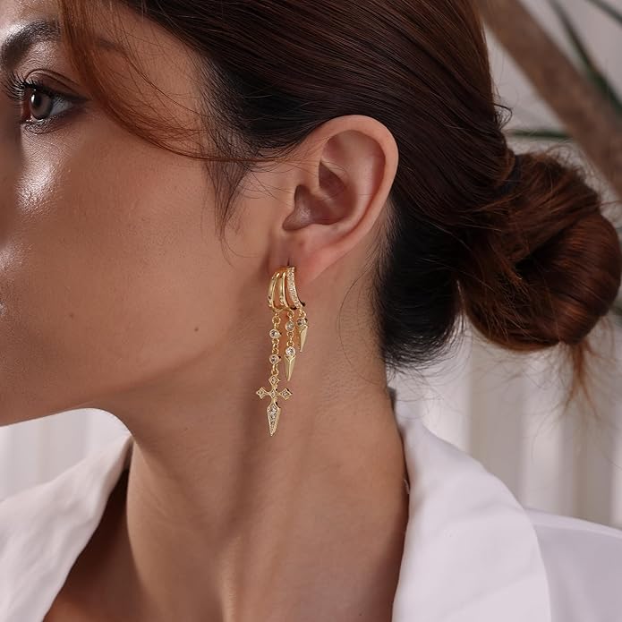 Dangle Earrings for Women,14k Gold Plated Triple Huggie Stud Earrings Dainty Drop Earrings for Women Trendy Gold Statement CZ Long Chain Earrings Non Tarnish Jewelry