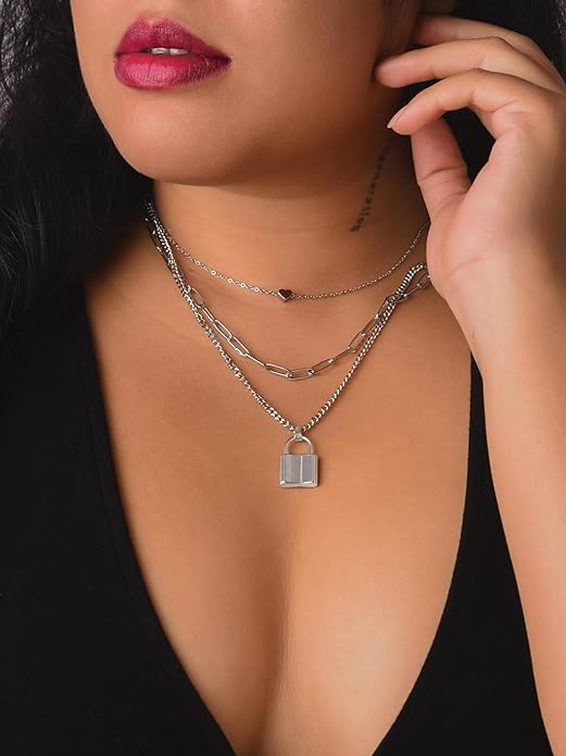 Sacina Gothic Silver-Tone, Black Layered Heart Lock Necklace, Emo Grunge Punk Necklace, Goth Jewelry, Halloween Christmas Jewelry Gift For Women