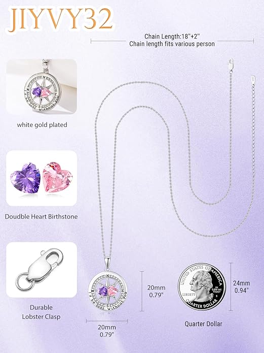 Compass Birthstones Necklace for Women, Exquisite Anniversary Birthday Gifts for Wife Her Double Birthstone Pendant jewelry ‘I'd be Lost Without You’