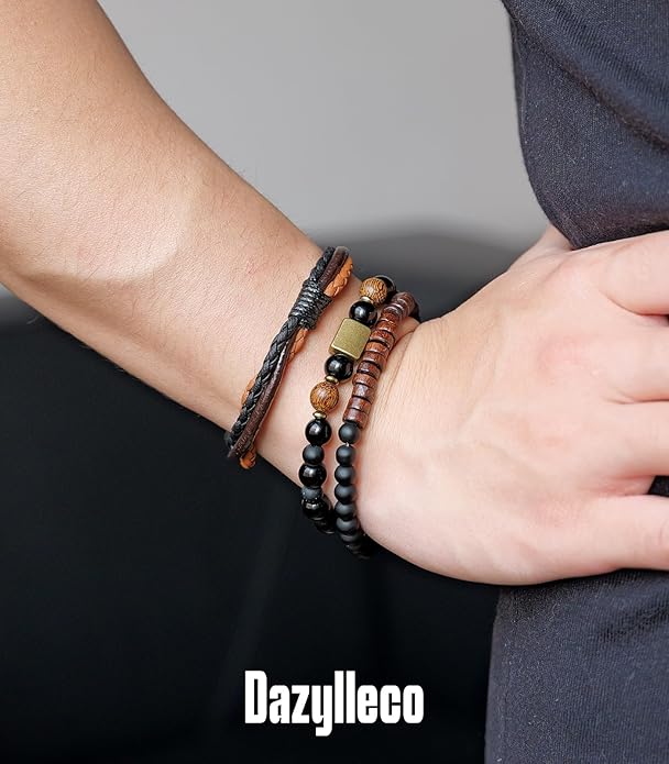 3pc Mens Beaded Bracelets Silver Stainless Steel Chain Bracelet for Men Handmade Braided Bracelet Sets Jewelry Gifts for Men