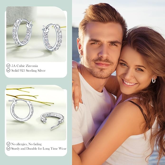 Yellow Gold Plated/925 Sterling Silver Sparkle Cubic Zirconia Hoop Earrings for Women fit Sensitive Ears 14mm/20mm/26mm Huggie/Medium/Large Hoops(with Gift Box)