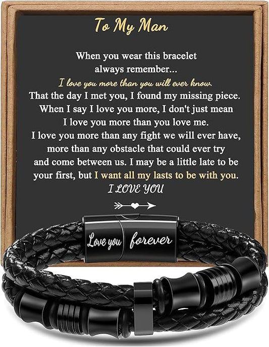 𝐆𝐢𝐟𝐭 𝐟𝐨𝐫 𝐌𝐞𝐧 Braided 𝐋𝐞𝐚𝐭𝐡𝐞𝐫 𝐁𝐫𝐚𝐜𝐞𝐥𝐞𝐭 for Men Dad Husband Boyfriend Son Grandson Brother Stainless Steel Clasp Engraved with Love You Forever Jewelry Birthday Gift 7.5 8.5 9 Inch