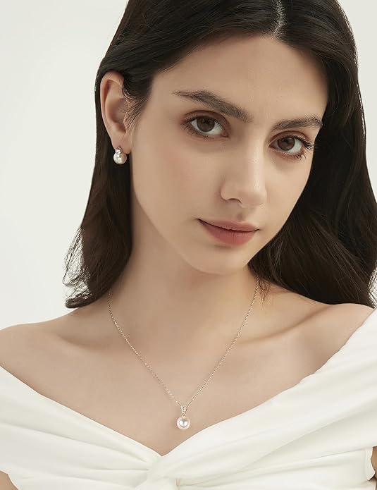 Mameloly Pearl Necklaces for Women Trendy 925 Sterling Silver Dainty V CZ Pendant 10MM/12MM Single Simulated White Pearl Choker Necklace for Women Wedding Cute Jewelry
