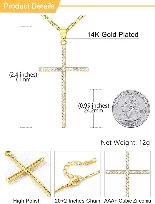U7 Cross Necklace for Women,Silver/14K Gold Large or Small Cross Necklaces with CZ Diamond,Faith Birthday/Christmas Gift for Her Women Mother Daughter Grandmother