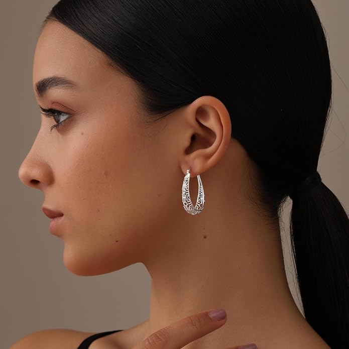 LeCalla 925 Sterling Silver Hoop Earrings | Women's Filigree Hoop Earrings | Openwork Mesh Filigree Cut Earring | Lightweight & Hypoallergenic Vintage Hoop Earrings for Women
