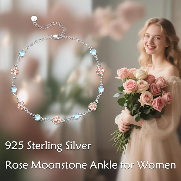 CRMAD 925 Sterling Silver Daisy/Sunflower Moonstone Anklet Daisy Flower Ankle Bracelet for Women Beach Dainty Jewelry
