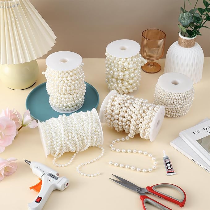 Rytenz Pearls String Bead, Ivory Color Faux Pearl Beads Roll Strand for Wedding Party Christmas Tree and Flowers Decorations Garland DIY Crafts (5mm- 99 Feet)