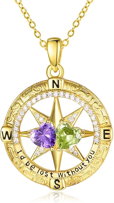Zeuslia Double Birthstone Necklace Gifts for Wife - 925 Sterling Silver Sunflower/Rose/Crown Cross/Compass/Heart Pendant I Love You Necklace, Anniversary Birthday Gifts for Wife Girlfriend Mom Her