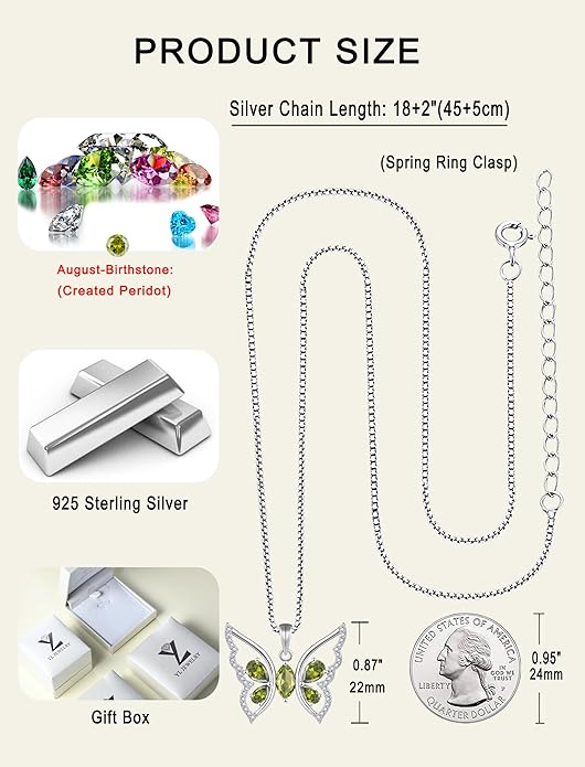 YL Women's Butterfly Necklace 925 Sterling Silver Flower Rose Pendant Birthstone Halo Jewelry