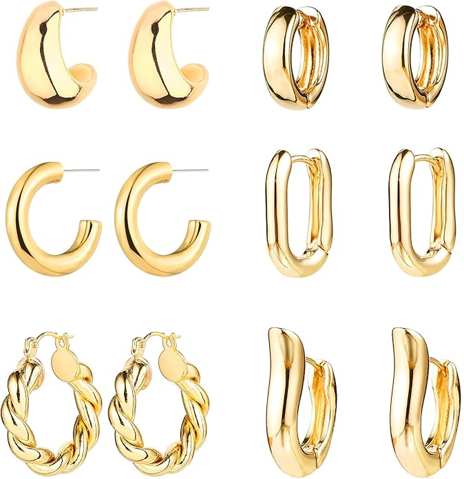 6 Pairs Gold Hoop Earrings for Women, 14K Gold Plated Huggie Hoop Earrings Set Hypoallergenic Lightweight Chunky Open Hoops Jewelry for Gift