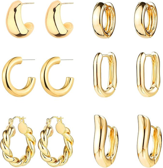 6 Pairs Gold Hoop Earrings for Women, 14K Gold Plated Huggie Hoop Earrings Set Hypoallergenic Lightweight Chunky Open Hoops Jewelry for Gift