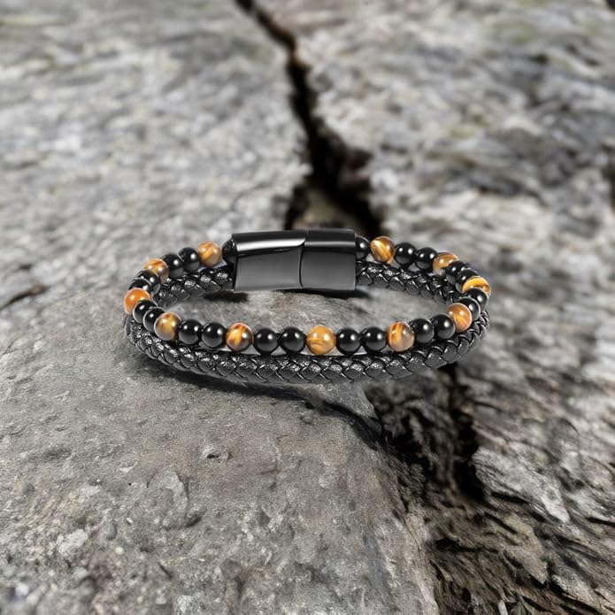 Tiger Eye Black Leather Bracelet Men Natural Tiger Eye Gemstone Crystal Stone Jewelry Handmade Courage And Stress Relief Protection Bracelet