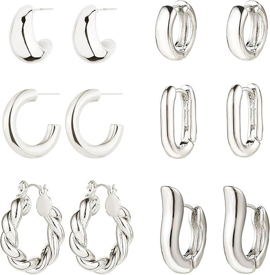 6 Pairs Gold Hoop Earrings for Women, 14K Gold Plated Huggie Hoop Earrings Set Hypoallergenic Lightweight Chunky Open Hoops Jewelry for Gift