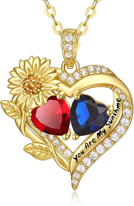 Sunflower Heart Necklace for Women 14K Gold Exquisite Anniversary Birthday Gifts for Wife Mother Her Double Birthstone Pendant jewelry‘You Are My Sunshine’