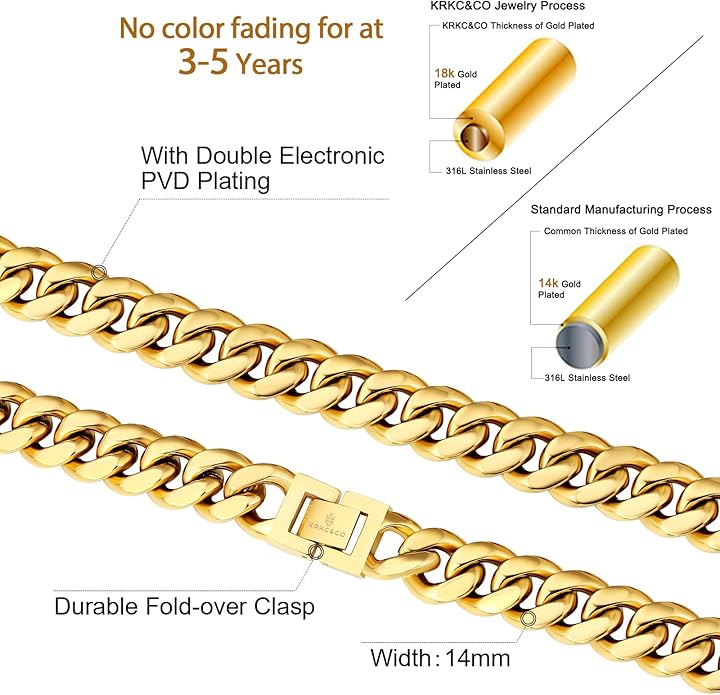 KRKC&CO Cuban Link Chain for Men 8/10/12/14mm, Brithday Gift for Men, 18k Gold Miami Necklace, Durable, Anti-Allergies Hip Hop Jewelry for Mens