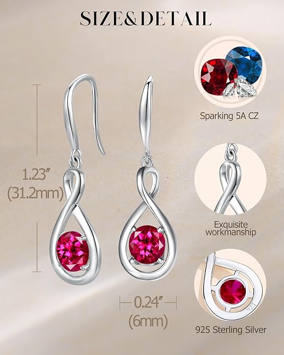 FANCIME Dangle Drop Earrings 925 Sterling Silver Dainty Infinity Round Gemstone Birthstone Jewelry Birthday Gifts for Her Women