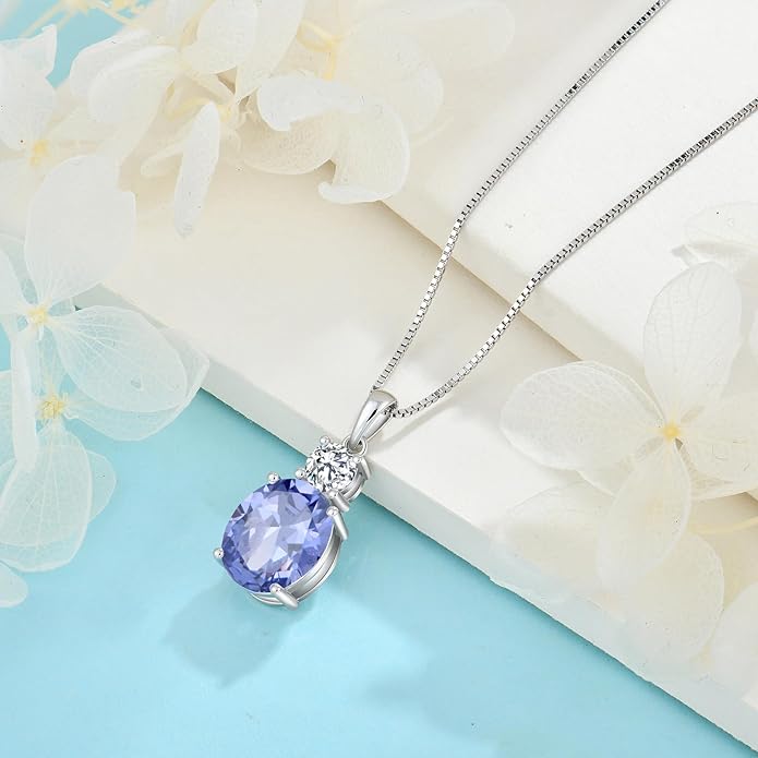 Birthstone Necklace for Women 925 Sterling Silver Oval Cut Cubic Zirconia Pendant Jewelry Gifts for Her