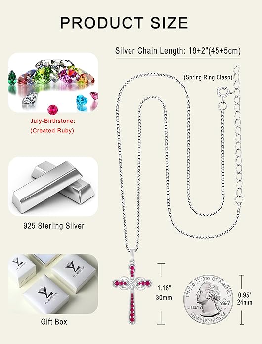 YL 925 Sterling Silver Cross Necklace for Women Halo Infinity Pendant Birthstone Jewelry for Mom