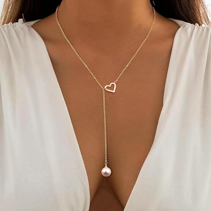 Dochais Dainty Gold Layered Necklace for Women, 14K Gold Plated Y Necklace & Chain, Dainty Lariat Long Necklaces, Trendy Cubic Zirconia Choker, Sun, Heart, Pearl & Cross Pendant Necklace, Jewelry Gift