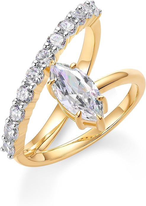 PAVOI 14K Gold Plated Wavy Engagement Ring for Women | Solitaire Cubic Zirconia Wedding Band & Promise Rings for Her | Trendy Fashion Jewelry