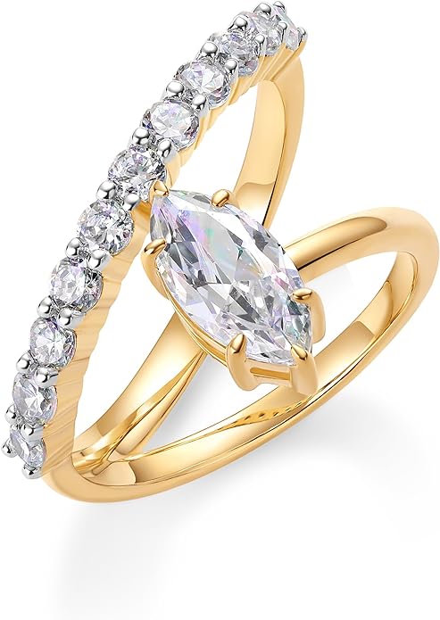 PAVOI 14K Gold Plated Wavy Engagement Ring for Women | Solitaire Cubic Zirconia Wedding Band & Promise Rings for Her | Trendy Fashion Jewelry