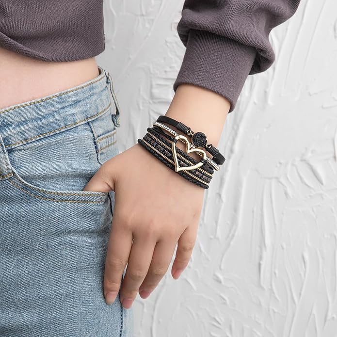 Rantanto Braid Leather Wrap Bracelet Trendy Stackable Crystal Cuff Boho Gold Heart Bracelet Jewelry Gift For Women