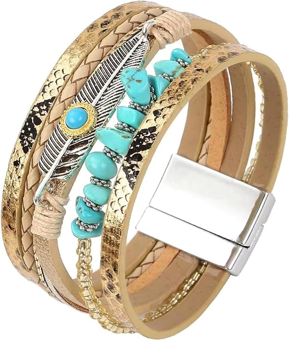 Fesciory Leopard Bracelet for Women, Boho Leather Wrap Multi-Layer Pearl Crystal Bracelet Bangle Jewelry