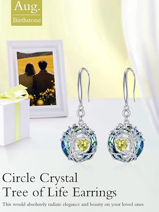 TOUPOP Tree of Life Birthstone Earrings for Women 925 Sterling Silver Family Tree Dangle Earrings Austrian Crystal Jewelry Birthday Christmas Gifts for Her Girlfriend Wife Mom