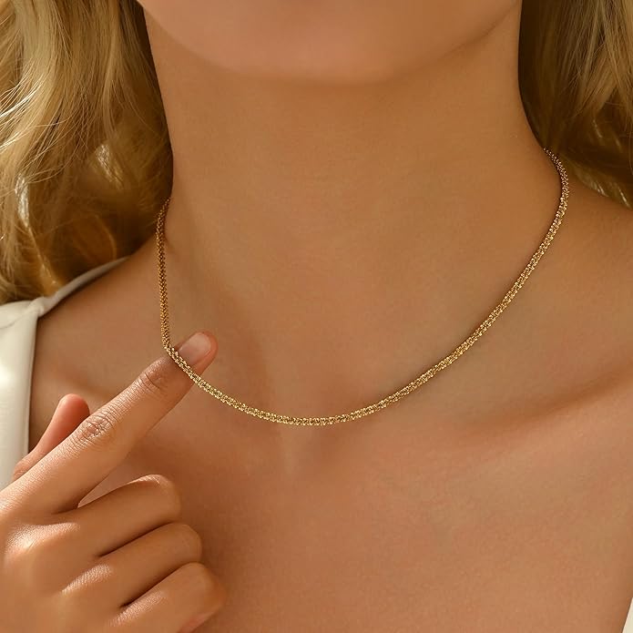 Dainty Chain Necklace for Women, 18K Gold Plated Coin Disc Choker Necklaces Simple Satellite Beaded Twisted Thin Paper Clip Chain Everyday Jewelry Gifts